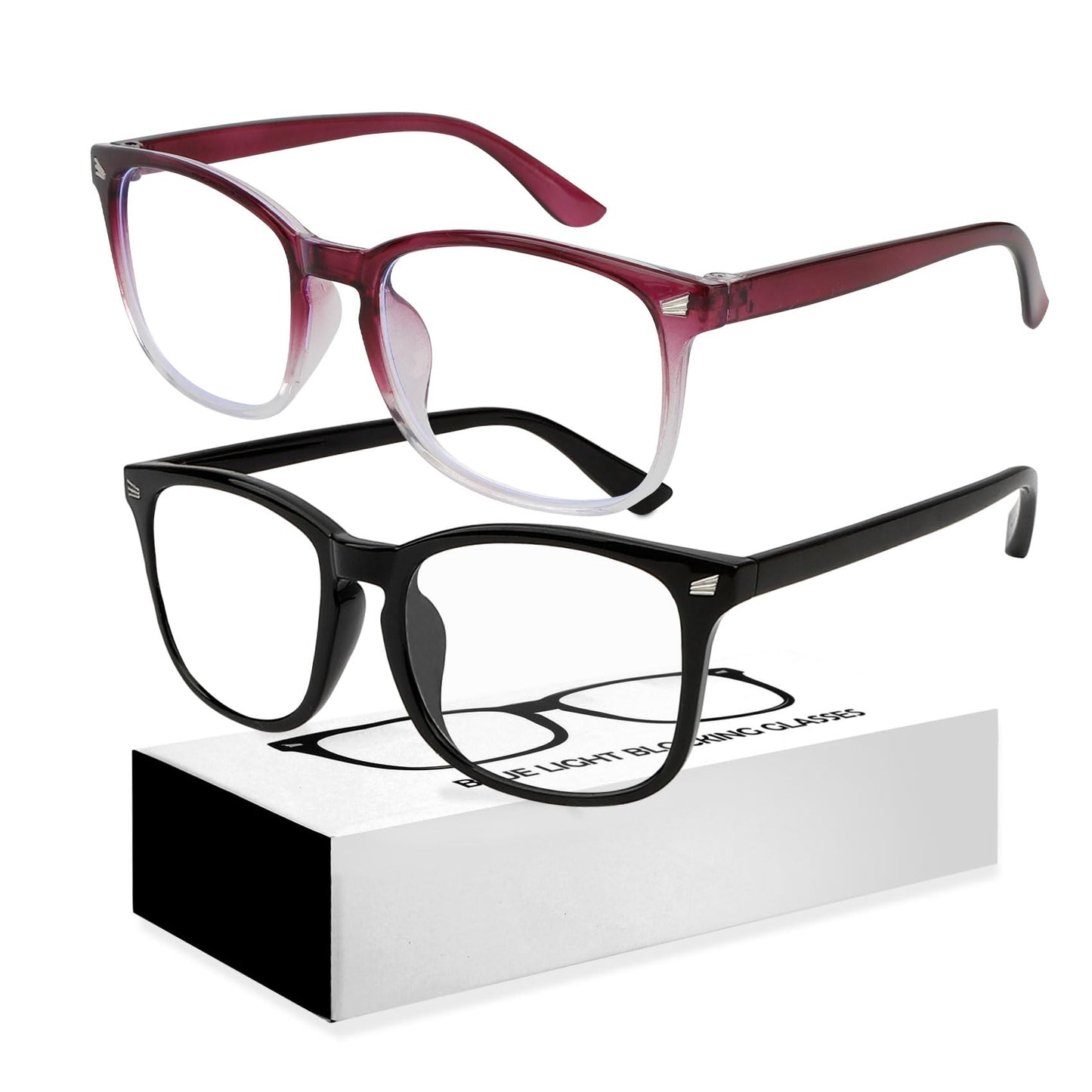 2 Pack Blue Light Glasses for Woman Reading Glasses for Women Reading Glasses Men Blue Light Glasses Men Fake Glasses Bluelight Glasses WomensClear Blue Light Blocking Glasses (Purple + Black)