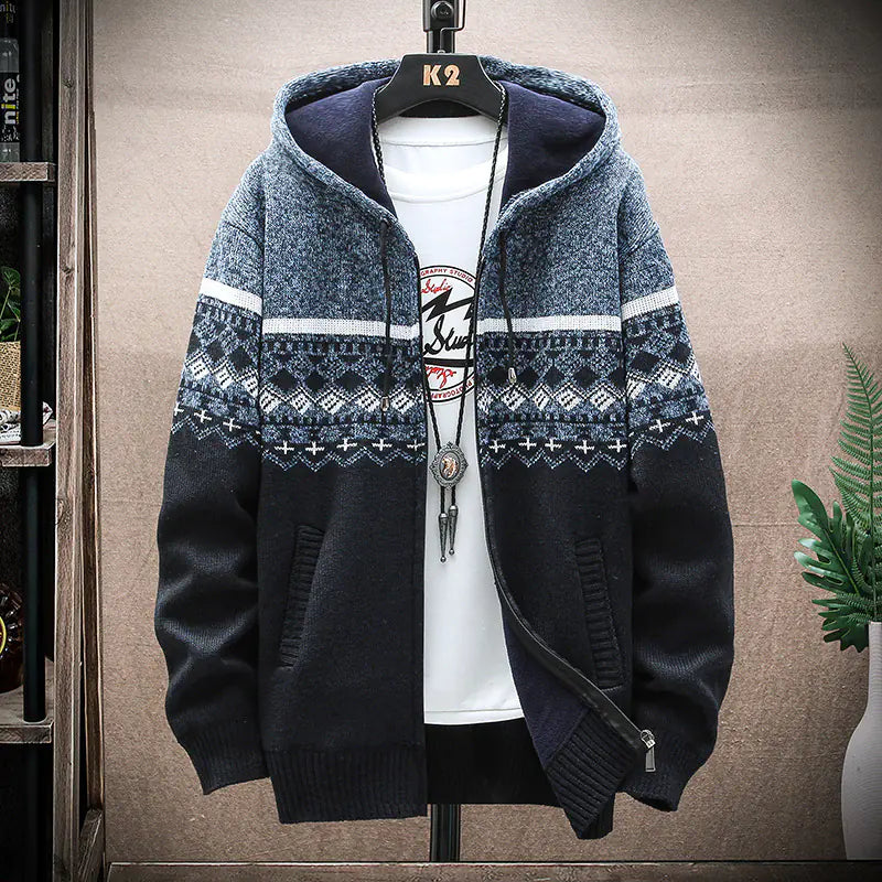 Men's Thick Knitted tribal designed Fleece Hooded Cardigan Sweater