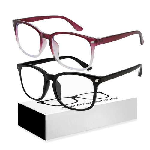 2 Pack Blue Light Glasses for Woman Reading Glasses for Women Reading Glasses Men Blue Light Glasses Men Fake Glasses Bluelight Glasses WomensClear Blue Light Blocking Glasses （Purple + Black）