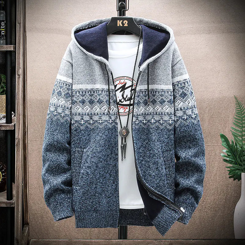 Men's Thick Knitted tribal designed Fleece Hooded Cardigan Sweater