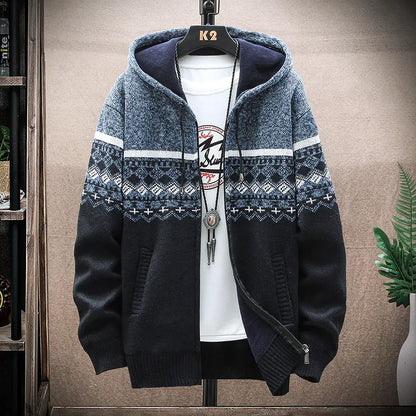 Men's Thick Knitted tribal designed Fleece Hooded Cardigan Sweater