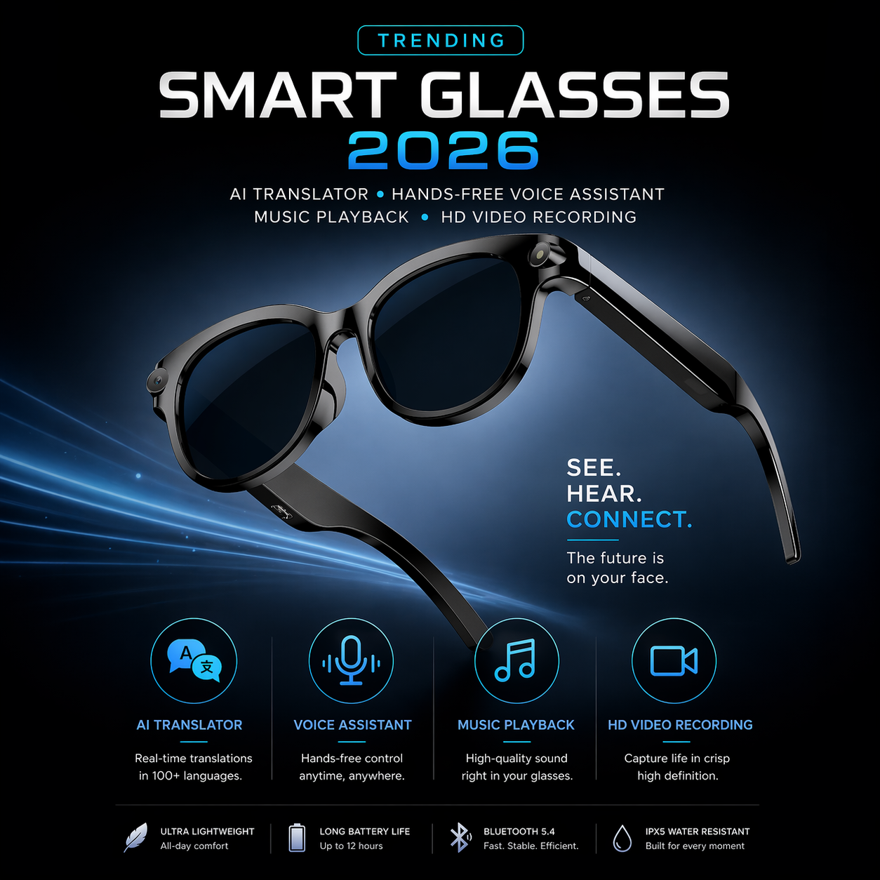 2026 Smart Translation Glasses AI Voice Video Recording Music Playback Wireless Headphones Sports AI Translator Glasses