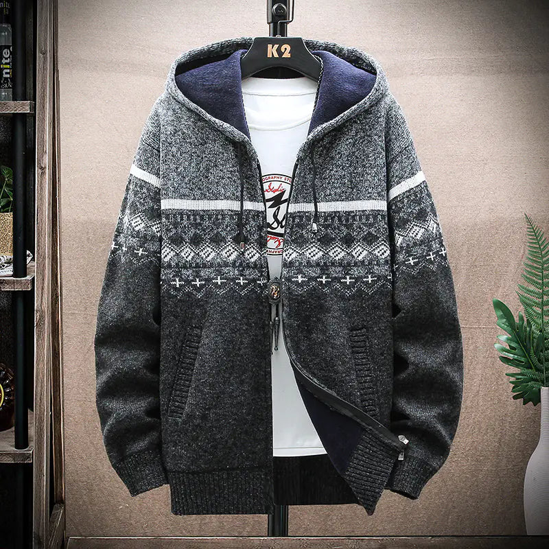 Men's Thick Knitted tribal designed Fleece Hooded Cardigan Sweater