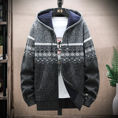 Men's Thick Knitted tribal designed Fleece Hooded Cardigan Sweater