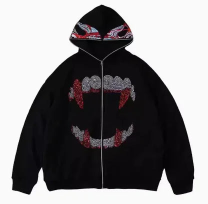 Punk Y2K Gothic Rhinestone Zip Up Hoodie Sweatshirt