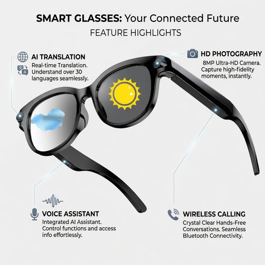 AI Smart Glasses 2026 8MP Camera, HD Video Recording, photochromic lenses, AI Translation & Bluetooth Music Calls 