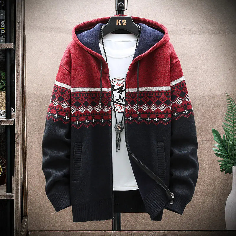 Men's Thick Knitted tribal designed Fleece Hooded Cardigan Sweater