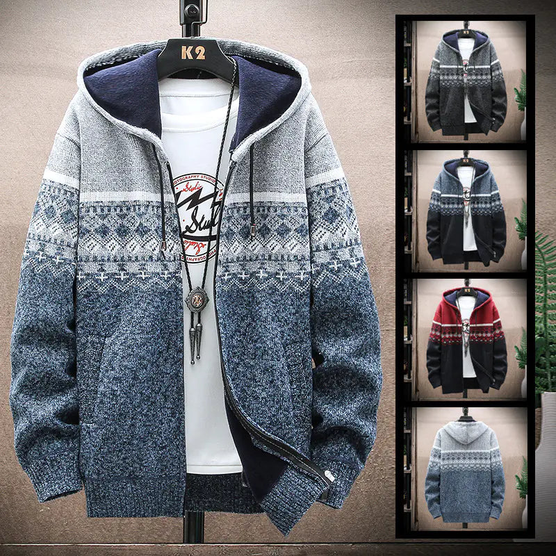 Men's Thick Knitted tribal designed Fleece Hooded Cardigan Sweater